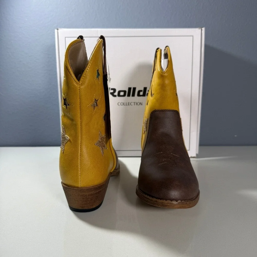 Rollda Girls Cowboy Boots Yellow Brown Stars‎ Moon Sparkle Size 4